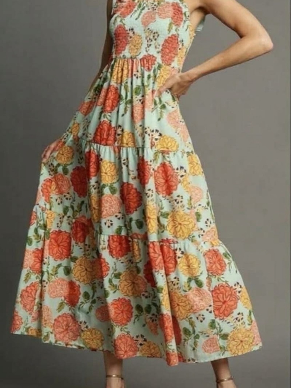 Umgee Mint Maxi Dress with Coral & Yellow Floral Print